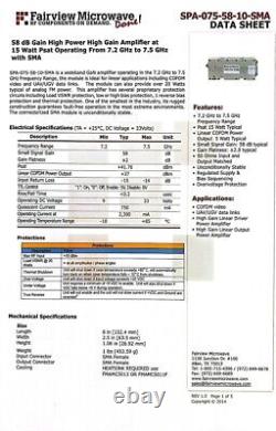 RF POWER AMPLIFIER 7.2-7.5GHz 58db 15W psat SPA-075-58-10 SMA